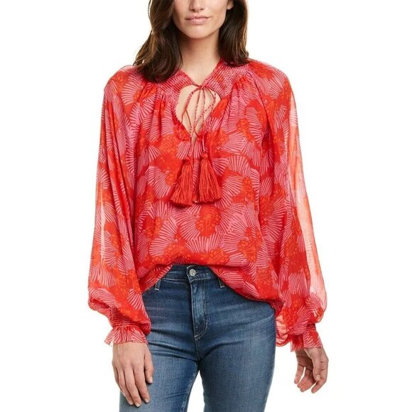 Karina Grimaldi Blouse Size Small Silk Chiffon Pink Orange Boho Long Sleeve - Picture 1 of 12